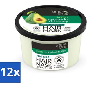 12 x Organic Shop - Haarmasker Avocado & Honey - Hydraterend en Verzachtend - 250 ml - Haar Masker - Avocado - Honing - Hydraterend - Verzachtend