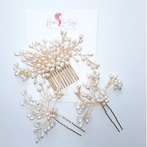Haar in Stijl® Safa Serie - set van 3 - Haarkam en gouden haarsteken met kristallen en parel kraaltjes | haarsteek haarschuifje - haarversiering bruid - haaraccessoires haarsieraad sieraad - bruiloft feest verloving