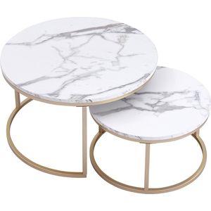 Nique Ronde Salontafels Wit Marmer set van 2 – Bijzettafel Goud – Salontafel Rond MDF Marmerlook Ø80 & Ø60cm