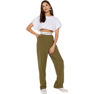 Trendyol Oliegroene Wijde Broek Met Hoge Taille En Gedetailleerde Geweven Stof Twoss23Pl00150 Palazzo