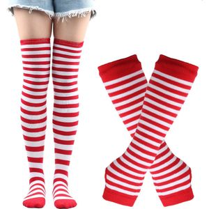 Armwarmers - Damessokken - Gestreepte kniekousen - Armwarmers zonder vingers - Dames lange vingerloze sokken - Handschoenen gebreid - Armwarmers - Duimgat elastische handschoenen (1 set Rood Wit)