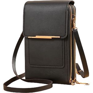 Kleine lichtgewicht PU lederen crossbody mobiele telefoon portemonnee voor vrouwen - met touchscreen - zwart