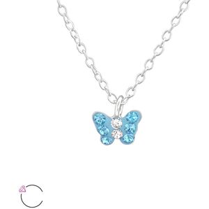 Joy|S - Zilveren vlinder hanger - 6 x 5 mm - Swarovski kristal blauw - met ketting 39 cm - voor kinderen