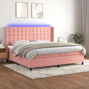 The Living Store Bedbox - Roze fluwelen boxspring - 203 x 203 x 118/128 cm - LED-verlichting - Pocketvering matras - Huidvriendelijk topmatras - Inclusief montagehandleiding