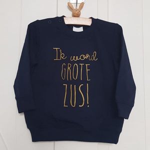 Sweater shirt trui voor kind - Big sis Sister - Maat 98 blauw goud - Ik word grote zus - Zwanger bekendmaking Baby - Geboorte - Gezinsuitbreiding - Aankondiging - Cadeau - Zwangerschapsaankondiging - Girl