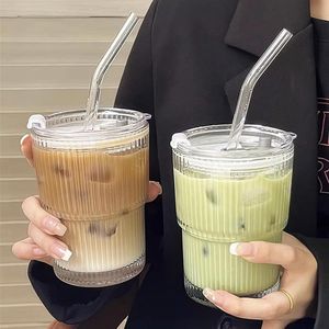 Glazen bekers van 400 ml met deksel en rietje, glazen smoothiebekers met rietje, luchtdicht, waterdicht design, koffiebeker, reiskoffiebeker, drinkglas, 2 stuks