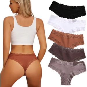 5 Pack - Sexy Dames String met Kant - Zwart, Bruin, Taupe, Nude en Wit - Onderbroek 95% Katoen - Dames Lingerie / Ondergoed Set - Brazilian Slip - Maat XL