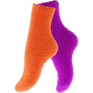 Calzera Fluffy Sokken Dames - 2 Paar - Oranje/Roze - Huissokken - Badstof - Dikke Wintersokken - Cadeau voor haar - Housewarming - Verjaardag - Vrouw - Maat 35-42