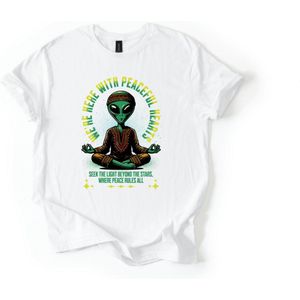 Unisex T-Shirt - Zen Alien - Kleur wit - Maat L - Perfect voor liefhebbers van spiritualiteit, sciencefiction of positieve boodschappen