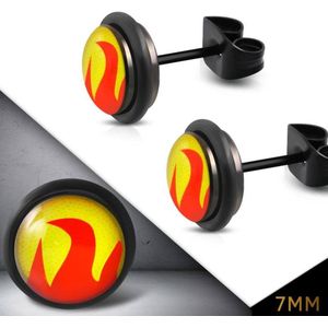 Aramat jewels ® - Ronde oorstekers vlammen rood geel acryl staal 7mm