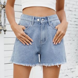 Dames hoge taille gerafelde ruwe zoom jeans shorts zomer elastische taille casual rechte pijp knoop verstelbare denim shorts