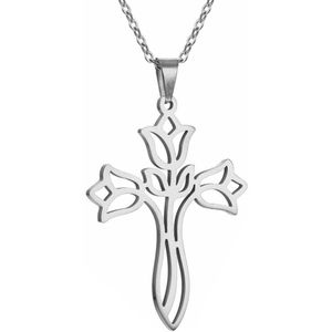 Fako Bijoux® - Ketting Met Kruisje Tulpen - Stainless Steel - RVS - Staal - Zilverkleurig