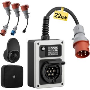 depow Mobile Wallbox 22kW 32A EV-oplader met APP CEE-stekker en Type 2 Stopcontact, 22kW laadpaal met Elektriciteitsmeter,RFID-kaart,Travelleradapterset met 3 adapters