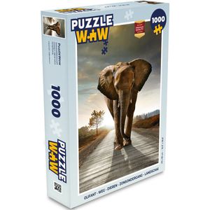 Puzzel Olifant - Weg - Dieren - Zonsondergang - Landschap - Legpuzzel - Puzzel 1000 stukjes volwassenen