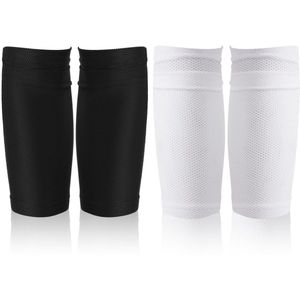 2 paar scheenbeschermersokken, ademende voetbalscheenbeschermers, voetbalsokken, mouwen en kuitbeschermers voor kinderen, volwassenen en beginners (zwart en wit)