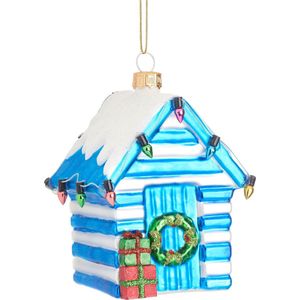 Blauw-wit strandhuisje kerstbal - Sass & Belle