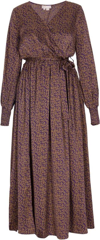 Usha - Jurk - Bruin - 7/8 Lengte - V-hals - Bloemenprint - Lange Mouw