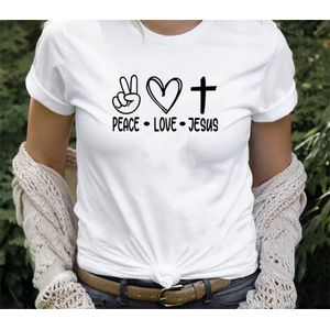 Tshirt - Peace Love - Jesus - Wit - Maat M