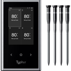 Typhur Sync Quad - Vier Probes - Draadloze vleesthermometer - BBQ thermometer - Bluetooth & WiFi - Bestand tot 400°C - IPX8-waterdicht - Batterijduur tot 50 uur - Real-time app-monitoring - Perfect voor grillen en roken
