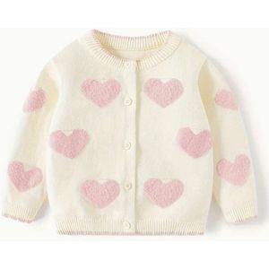 Luxe Hearts Jasje / Vest - Maat: 86/92 - Kleur: Offwhite met Roze Hartjes - Crème / Offwhite / Gebroken Wit / Baby Roze - Baby & Kids - Hoge Kwaliteit - Vest / Gebreid Vestje / Jasje - Met Knoopjes - Schattig - Newborn - Kraamcadeau / Babyshower