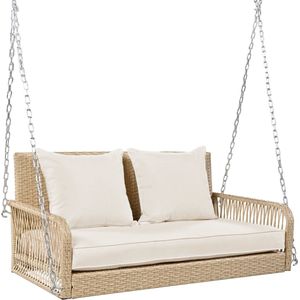 Merax Luxe Rotan Schommelbank - Lounge Tuinschommel - Hollywoodschommel met Kussens - Beige met Naturel Bruin