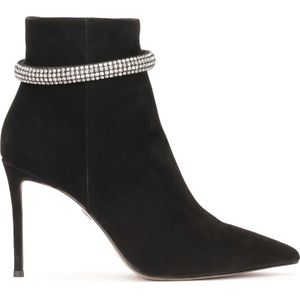 Stiletto heeled boots with a shiny strap