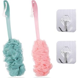 2 stuks lange steel badborstel douche-lichaamsborstels met badnetspons zacht gaas rugborstel scrubber douche-loofah voor mannen en vrouwen exfoliëren en verwijderen van dode huid (blauw en zacht)