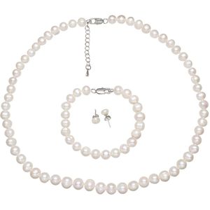 Zoetwaterparel set Bella - parelketting + parel armband + parel oorbellen - echte parels - sterling zilver (925) - wit - handgeknoopt