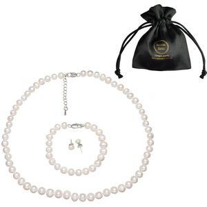 Zoetwaterparel set Bella - parelketting + parel armband + parel oorbellen - echte parels - sterling zilver (925) - wit - parel set dames - handgeknoopt - sieraden zakje - cadeau voor haar - kerst cadeau - Moederdag cadeau
