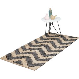 Relaxdays vloerkleed jute en katoen - 70 x 140 cm - boho-tapijt - zigzag - beige/zwart