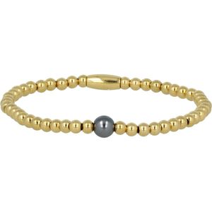 My Bendel Elastische goudkleurige armband met grote zwarte parel - Elastische goudkleurige kralenarmband met een zwarte parel - Met luxe cadeauverpakking