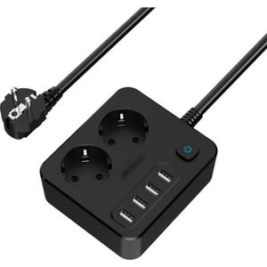 6-in-1 Stekkerdoos met USB - Schakelaar - 4000W - 2 Stopcontacten - 4 USB Poorten - Overspanningsbeveiliging - Zwart Stekkerdoos