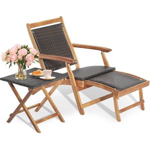 Rotan zonnebed met uittrekbare voetensteun en bijzettafel, inklapbare ligstoel in 5 standen verstelbaar, houten ligbed tot 160 kg belastbaar voor zwembad, strand