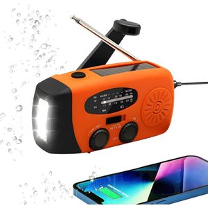 Noodradio - Noodradio Opwindbaar - 2000 mAh - Noodradio Solar Opwindbaar - Oplaadbaar & Op Batterijen - Powerbank - Solar - Zaklamp - Voor Rampen/Camping - Handmatige Crank - Oranje