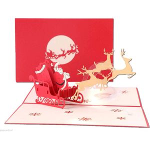 Popcards popup kerstkaarten - Kerstkaart Vrolijke Kerstman met Arrenslee en Rendieren pop-up kaart 3D wenskaart