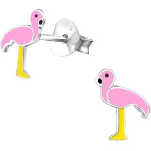 Oorbellen meisje | Kinderoorbellen meisje zilver | Oorstekers met roze flamingo, gele poten | WeLoveSilver