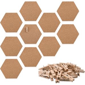 prikbord van kurk - 10 tegels zeshoekig - Kurken wandbord - Inclusief 50 houten punaises - 15 x 17 cm - Zelfklevend