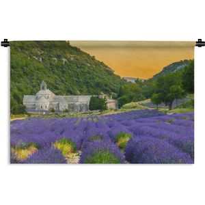 Wandkleed De lavendel - Oranje lucht boven dal van lavendelbloemen Wandkleed katoen 60x40 cm - Wandtapijt met foto