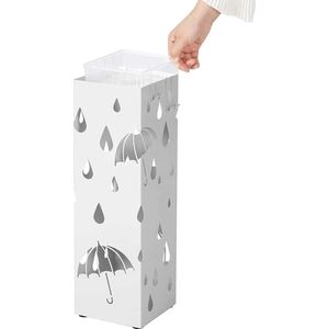 SONGMICS paraplubak van metaal, vierkante paraplubak, verwijderbare wateropvangbak, met haak, 15,5 x 15,5 x 49 cm, wit LUC49W