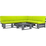 The Living Store Pallet Lounge Set - Grenenhout - Helder groene kussens - Tafel- 60x60x25cm - Midden/hoekbank- 110x65x55cm