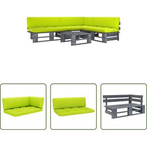 The Living Store Pallet Lounge Set - Grenenhout - Helder groene kussens - Tafel- 60x60x25cm - Midden/hoekbank- 110x65x55cm