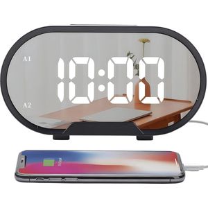 Digitale wekker met gespiegelde led-display en USB-laderpoorten voor slaapkamer en kantoor