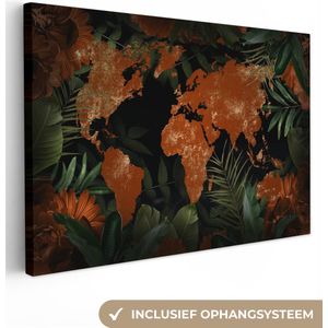Canvas Wereldkaart - 150x100 - Wanddecoratie Wereldkaart - Goud - Planten