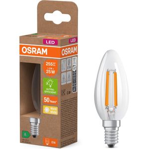 Osram LED lamp in classic miniball shape, with decorative LED filament, energy efficiency class A, E14, 1.2 W, 255 lm, 2700 K, warm white. 100% light straight away, with no warming up.