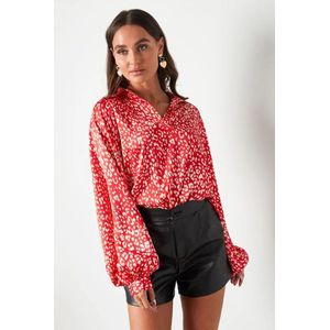 Blouse panter print - pofmouwen - dames - rood - maat S