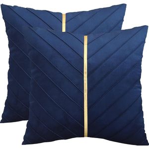 Marineblauwe fluwelen kussenhoezen, 45 x 45 cm, 2 stuks decoratieve bank, luxe moderne kussenhoezen voor woonkamer, slaapkamer, bankkussen, bed met goudkleurig leer