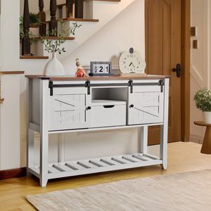 J&R Landelijke Sidetable - Schuifdeuren - Haltafel - Wandtafel - Consoletafel - Gangkastje - Wit met bruin houten blad