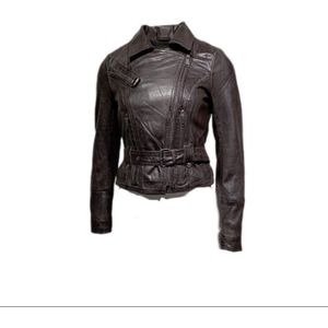 Leren jas dames kort met riem-Tarifa bruin - 48/4XL