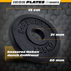 ScSPORTS® Halterschijven - Set 25 kg (2x5 / 4x2,5 / 4x1,25 kg), 30/31mm boring, gietijzer, zwart - Halterschijven set, halterschijven, haltergewichten, fitnessplaten, gewichten voor halters