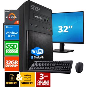 ScreenON - AMD Office Pro PC SET - (32"" Monitor + Muis & Toetsenbord) - Ryzen 7 PRO 5750G - 1000GB SSD - 32GB RAM - DVD - Cardreader - WiFi + Bluetooth - Windows 11